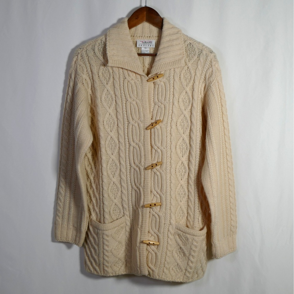 VTG Talbots Fisherman Wool Cable Knit Cardigan Size S Petite Ivory Toggle Chunky